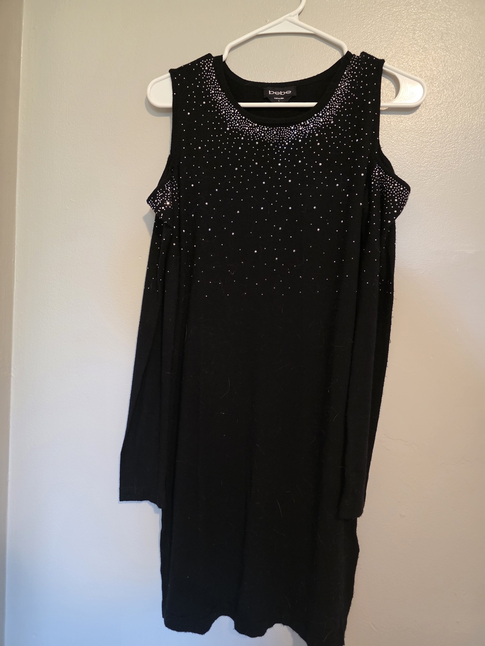 bebe Black Cold-Shoulder Rhinestone Sweater Dress